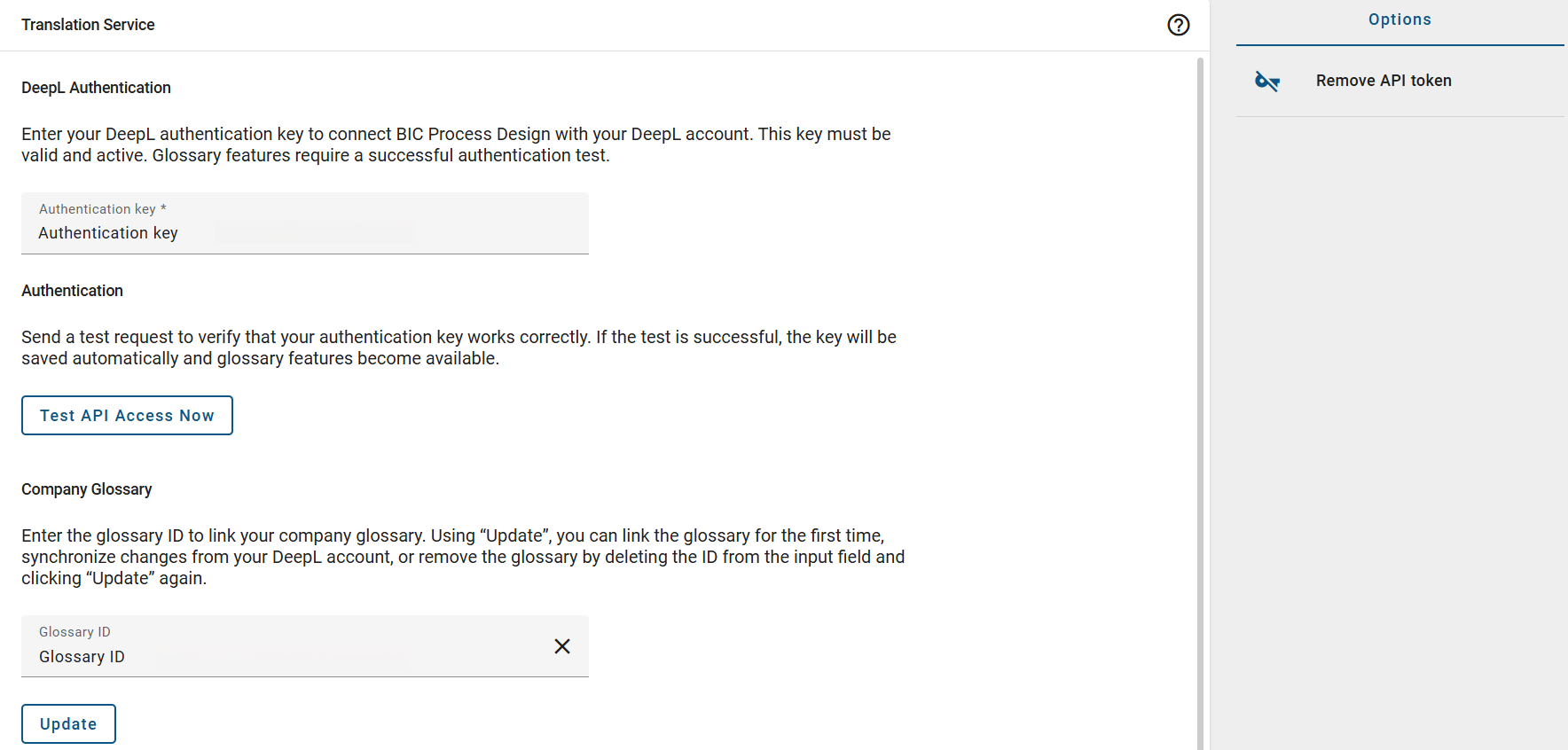The screenshot shows the authentication of the DeepL API in the administration.