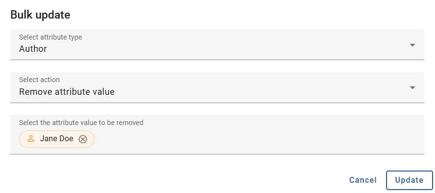 The screenshot shows the dialog for removing an attribute value in bulk updating.