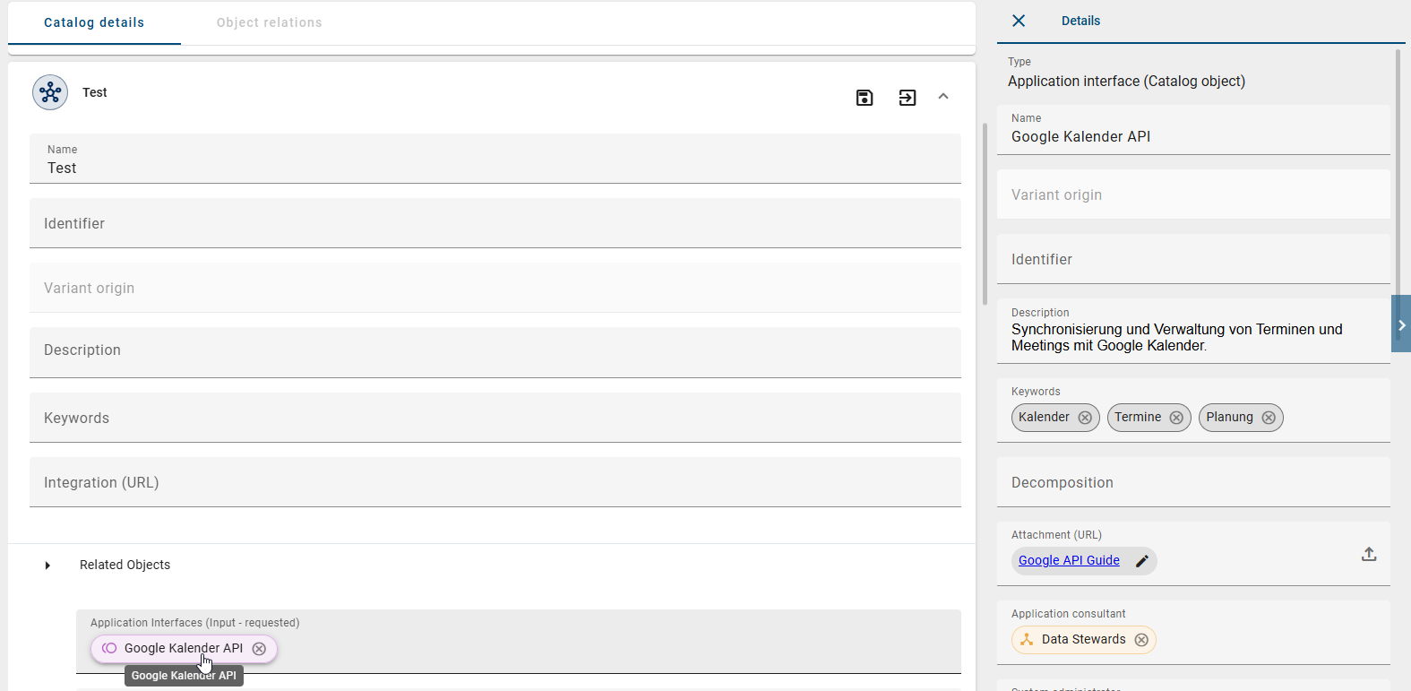 The screenshot shows the option to edit an existing context and its relationship attributes.