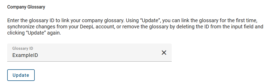 The screenshot shows the input field for entering a “Glossary ID” in the “Translation Service” tile.
