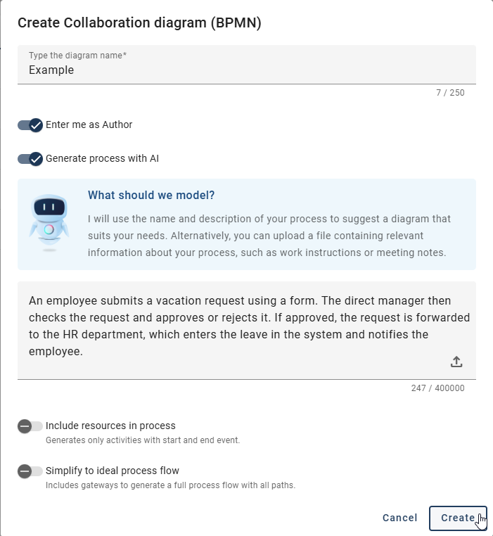 The screenshot shows the possibility to describe your process so that Arty can create a diagram based on your requirements.