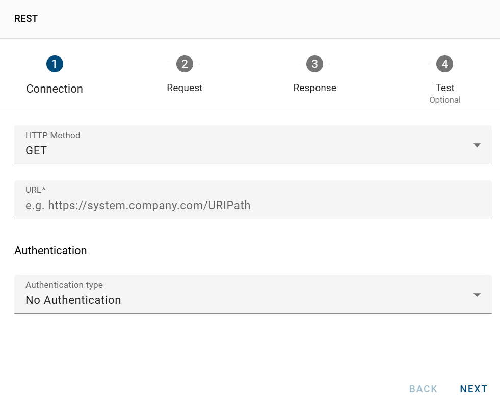 The dialog "REST configuration" is displayed. The first step "Connection" can be defined here.