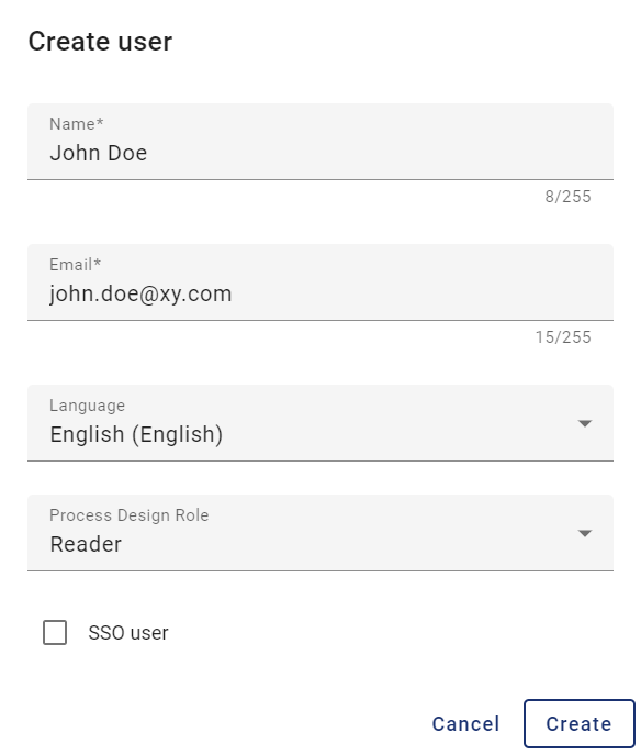 The screenshot shows the dialog for creating a new user.