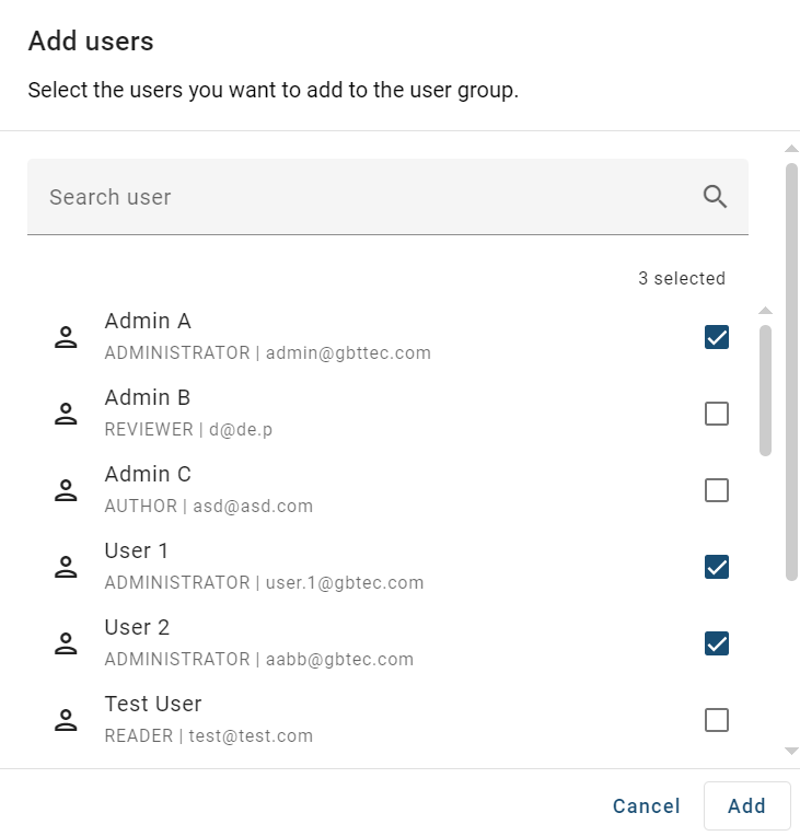 The screenshot shows the dialog for adding users to the user group.