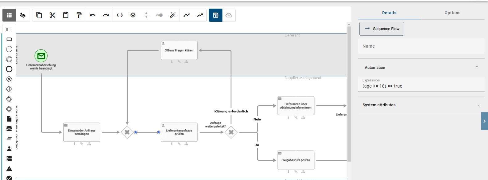 As an example, the attribute "Expression" in BIC Process Design is demonstrated which can be used to create automated decisions in BIC Process Execution.