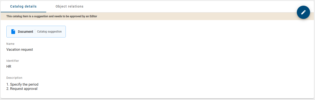 The screenshot shows the details of a catalog item of the type document, which contains an ordered list within the attribute "Description".