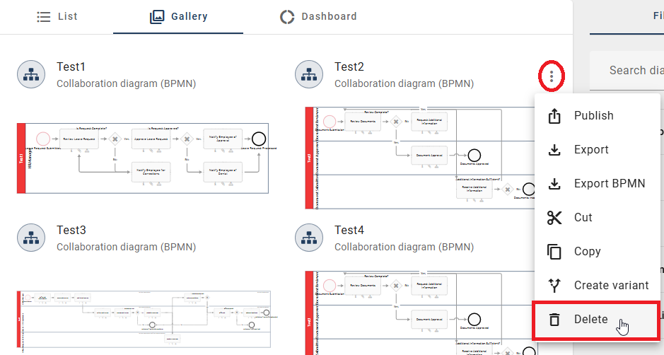 The screenshot shows the deletion option in the gallery.