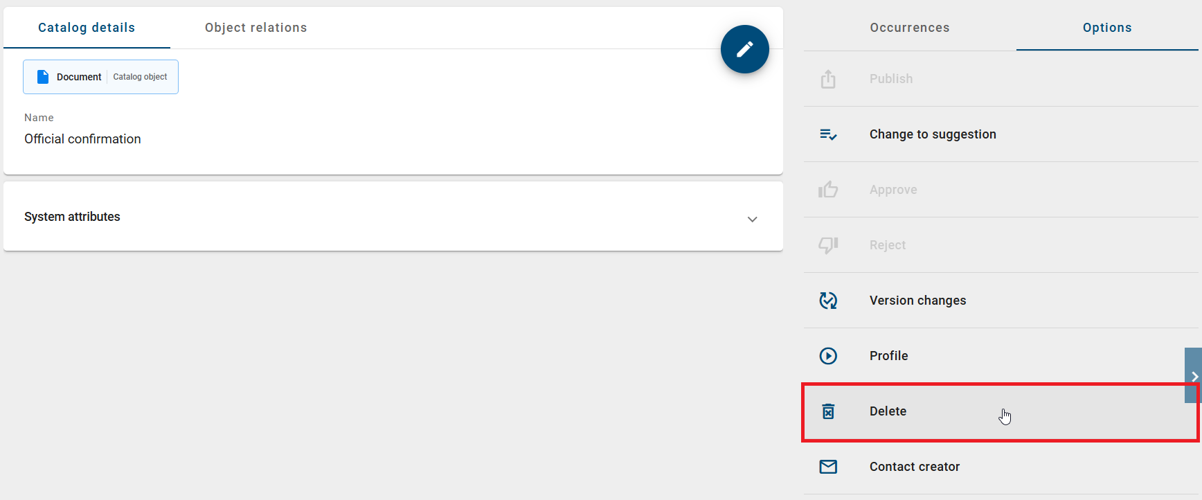 The option "Delete" in the sidebar of the detail view is displayed here.
