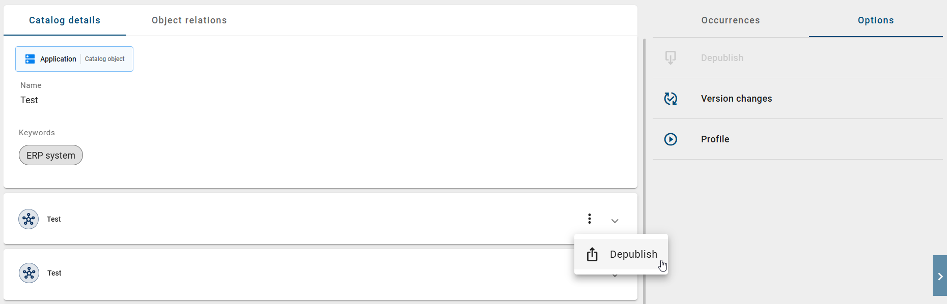 The screenshot shows the option to depublish an existing context.