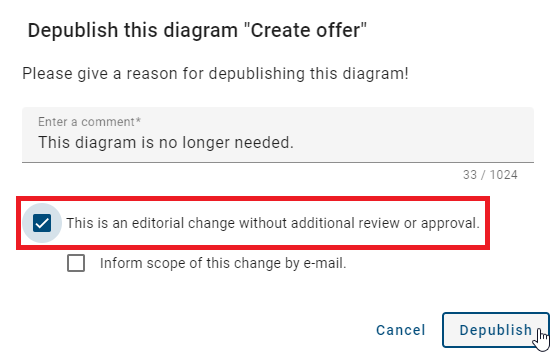 The screenshot shows the dialog with the activated checkbox for editorial changes.