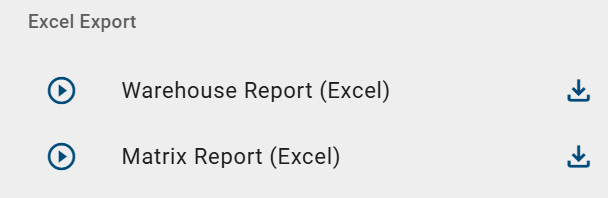 The screenshot shows the Excel export group with download buttons.