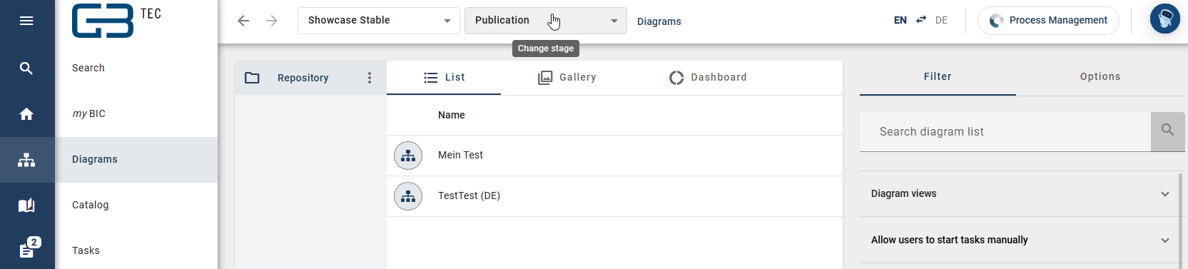 All diagrams and a category that are available in the current stage "Publication" are shown. The stage name "Publication" is displayed below the repository name.