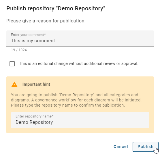 The screenshot shows the dialog for publishing a repository.